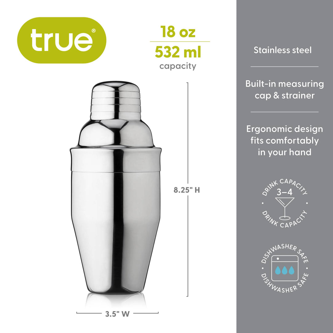 Stainless steel cocktail shaker with true brand logo and product details on a white background