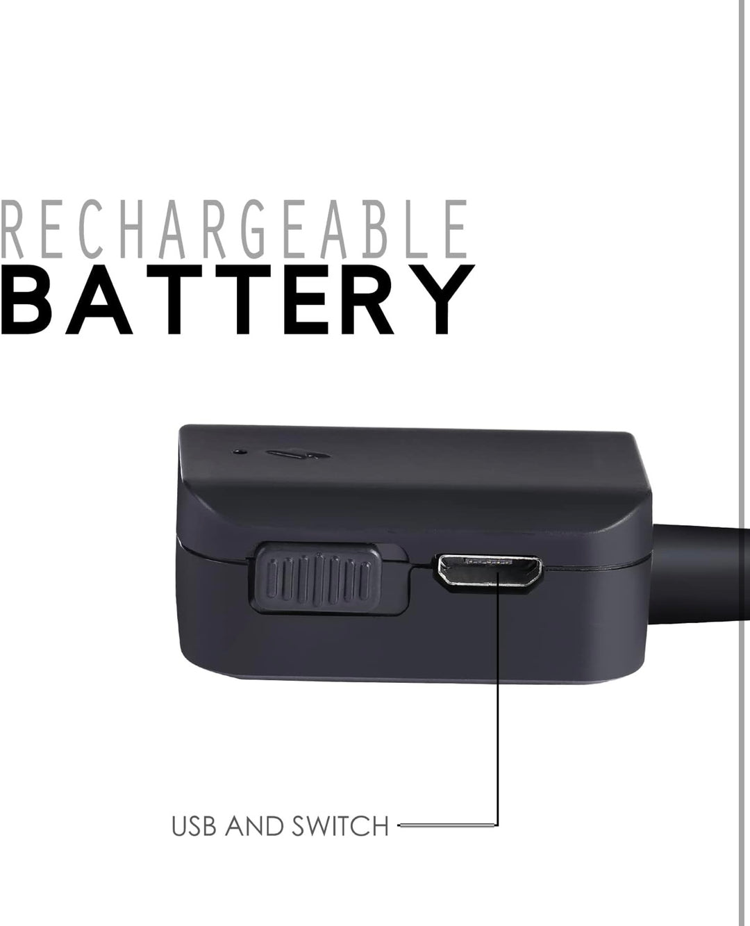 Black rechargeable battery with USB port and switch on a white background