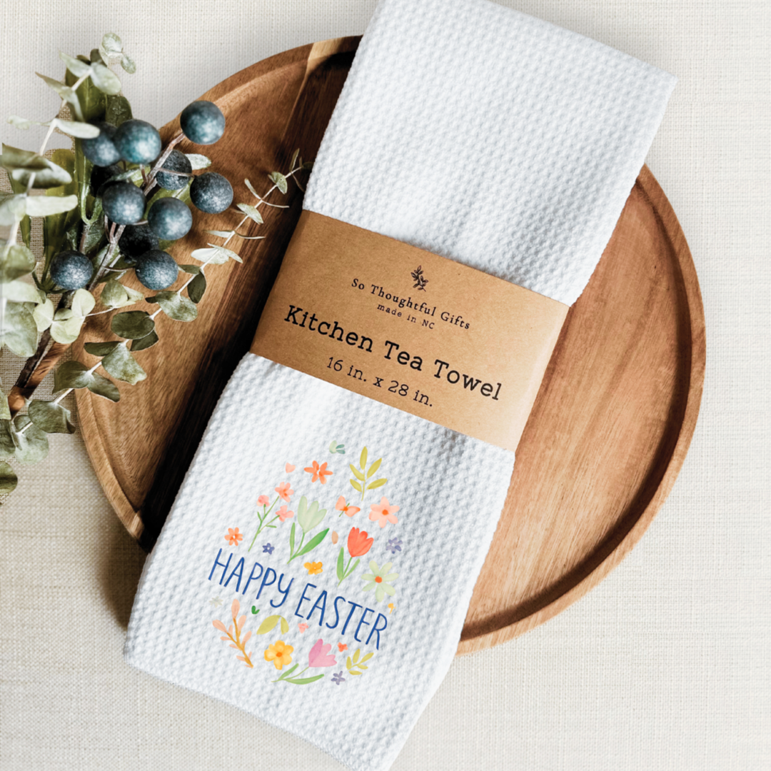 Easter Dish Towel - Happy Easter Floral Egg | Kitchen Towel 