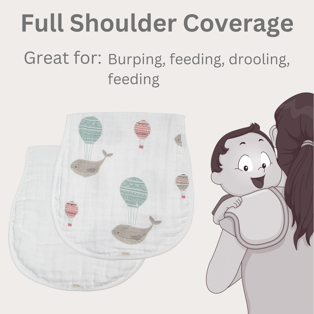 Baby cloths with whale and hot air balloon pattern next to a cartoon baby being held by a woman, with text about product uses.