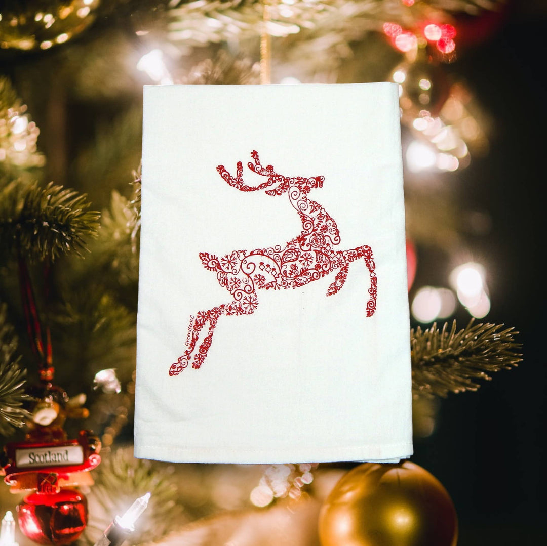 Reindeer Holiday Christmas Flour Sack Tea Towel: Red