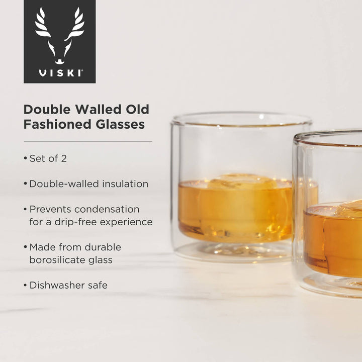 Two double-walled Old Fashioned glasses with Viski branding on a white background.