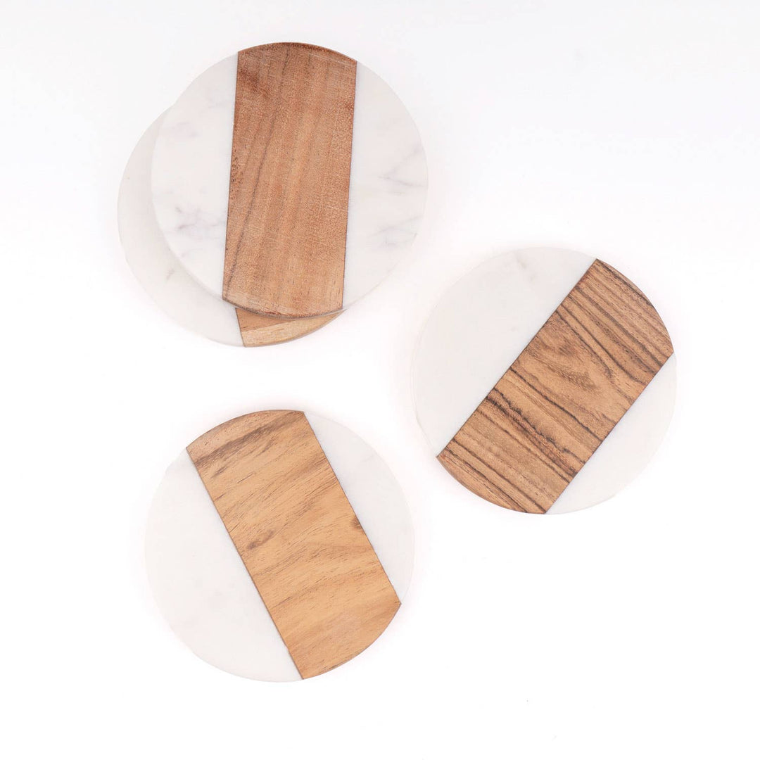 Marble &amp; Wood Round Coaster Set