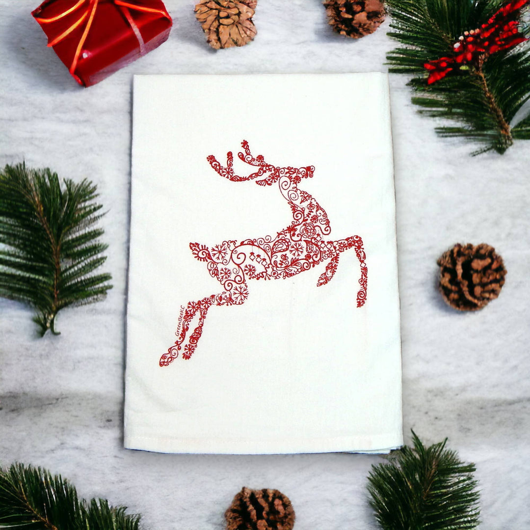 Reindeer Holiday Christmas Flour Sack Tea Towel: Red