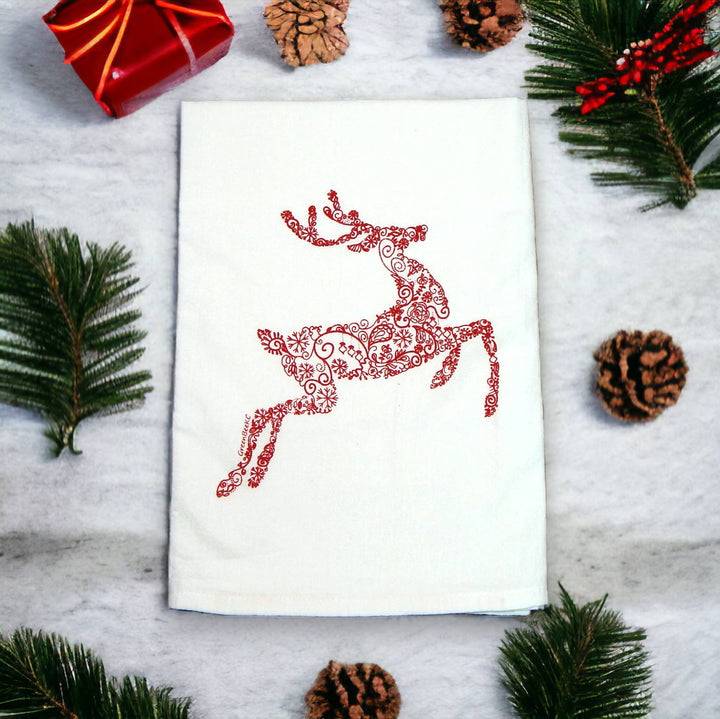 Reindeer Holiday Christmas Flour Sack Tea Towel: Red