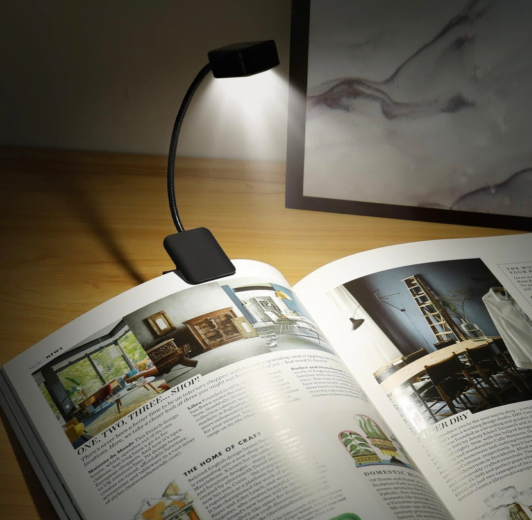 Reading lamp illuminating an open book on a wooden surface with a framed picture in the background.