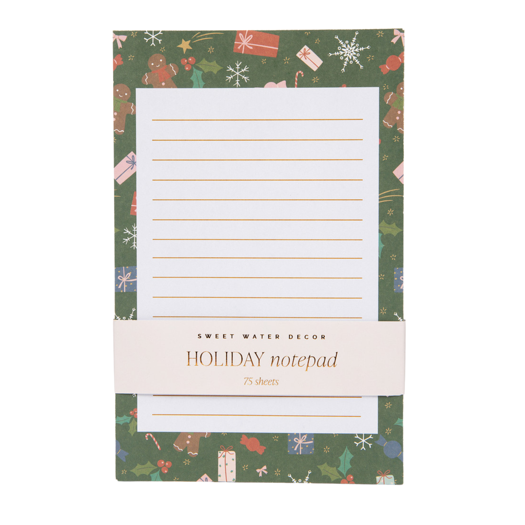 Holiday-themed notepad with festive designs and a green border.
