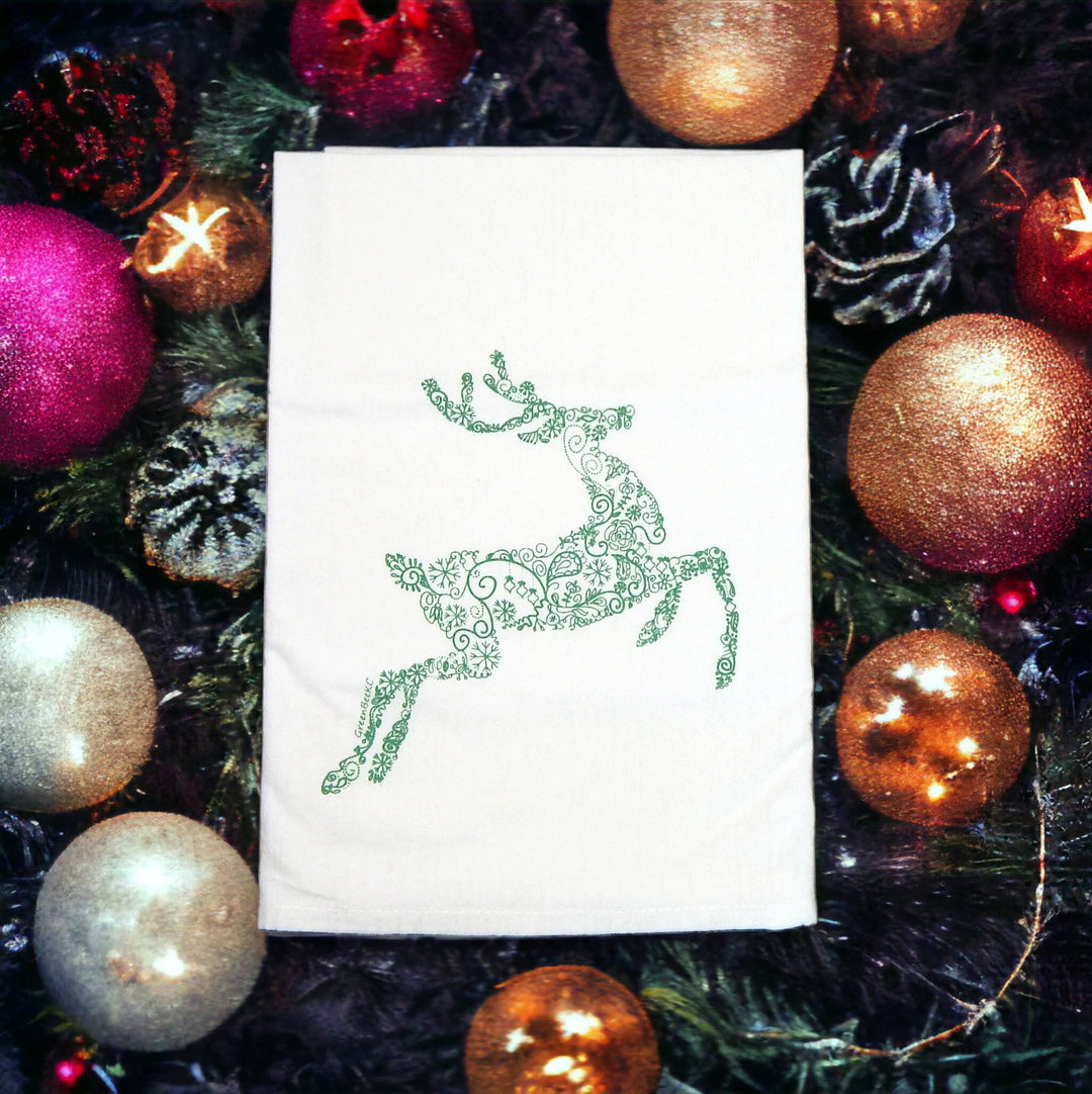 Reindeer Holiday Christmas Flour Sack Tea Towel: Red