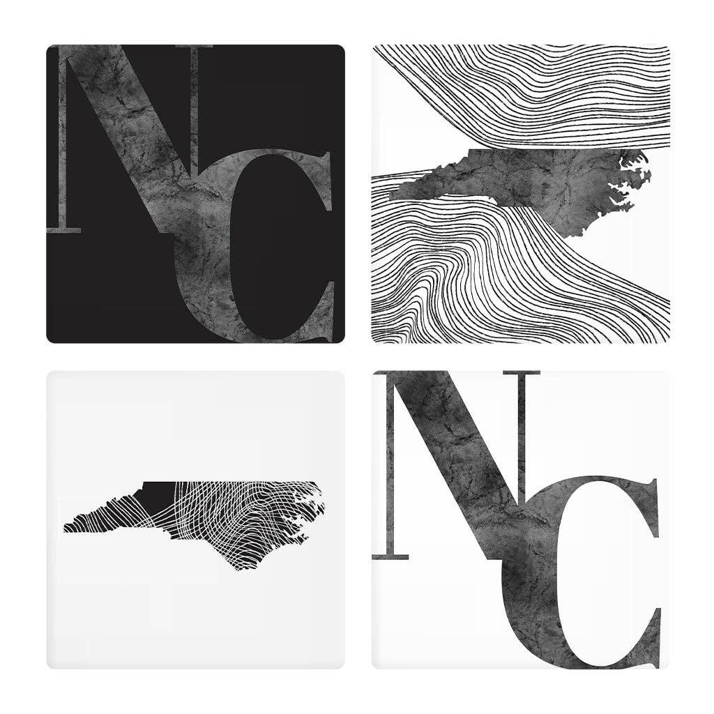 Minimalistic B&amp;W North Carolina Initials State Shapes | Absorbent Coasters | Set of 4 | Min 2