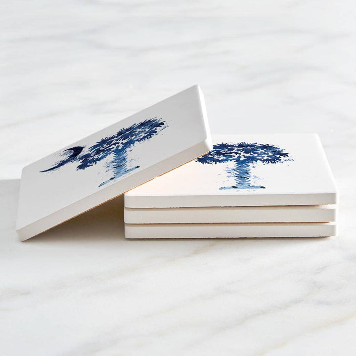 South Carolina Blue Water Color Palm Tree On White| Absorbent Coasters | Set of 4 | Min 2