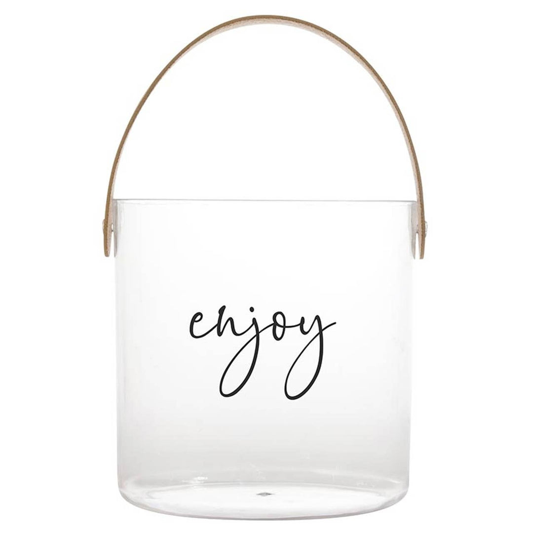 Clear acrylic container with a wooden handle and 'enjoy' text on a white background