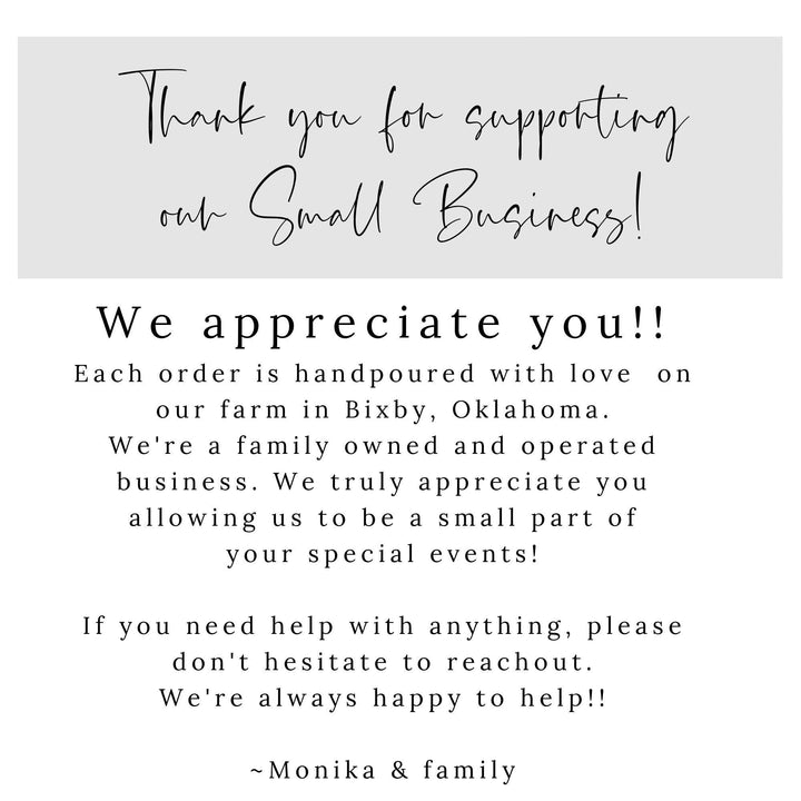 Message of gratitude and appreciation for supporting a small business, with a family-owned and operated farm location in Bixby, Oklahoma.