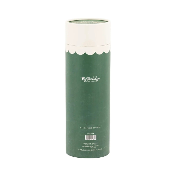 Green cylindrical puzzle box with white lid on a white background