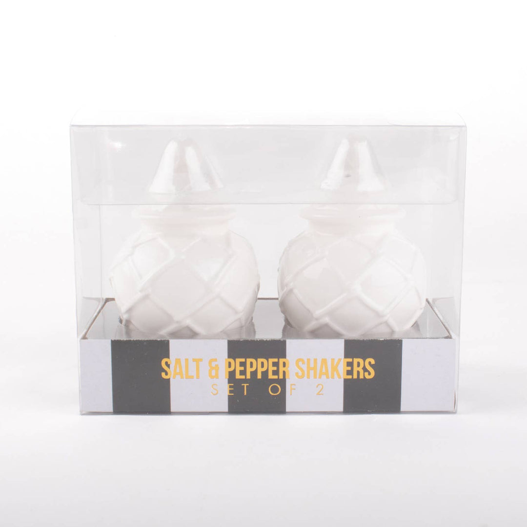 Set of two salt and pepper shakers in a clear box with gold text on a white background
