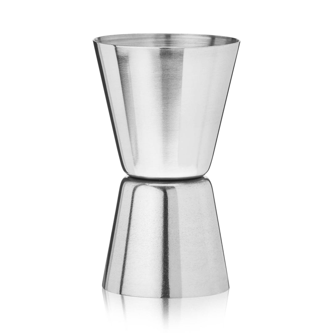 Silver metal jigger on a white background