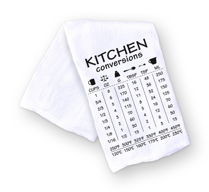 Kitchen Conversions Cheat Sheet for Baker or Chef Kitchen Hand and Dish Towel