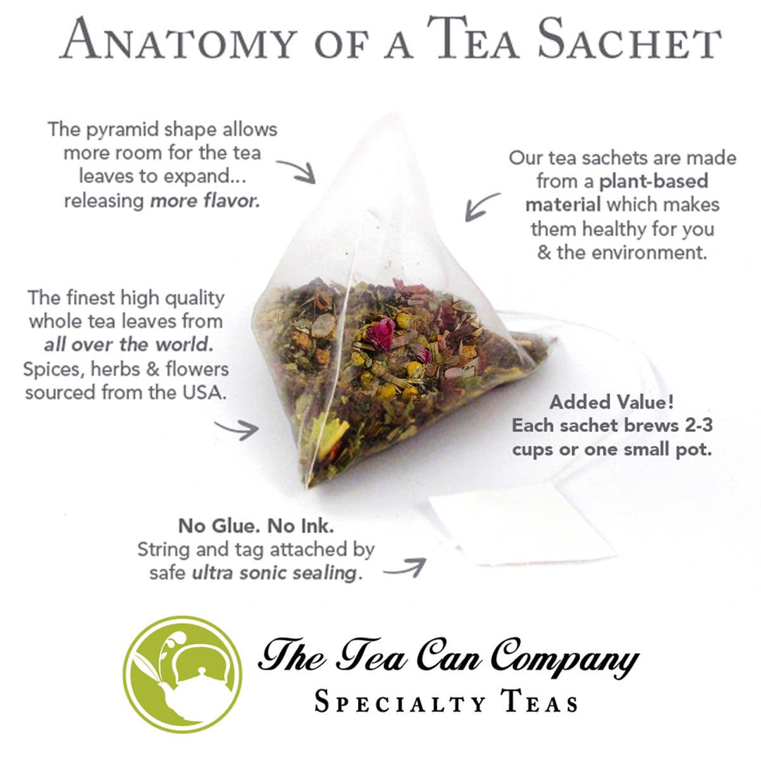Tea sachet with text explaining its features and The Tea Can Company branding.