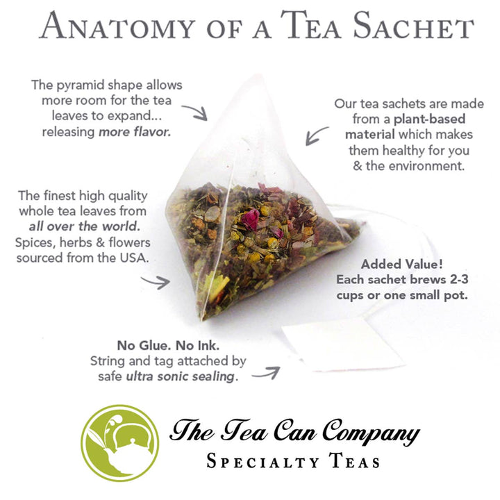 Tea sachet with text explaining its features and The Tea Can Company branding.