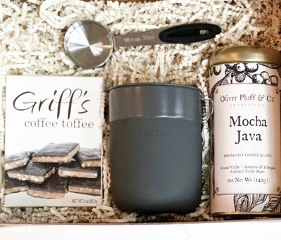 Keywords : Curated gift boxes Charlotte NC, Coffee lover’s gift set, Coffee gift box, Oliver Pluff & Co. Mocha Java, Griff’s coffee toffee Durham, Coffee accessories gift set, Ceramic coffee mug set, Best coffee gift set, Unique coffee gifts Charlotte, Ceramic coffee mug with silicone wrap, Mocha Java breakfast coffee blend, Premium coffee accessories, Local coffee products, Durham coffee toffee