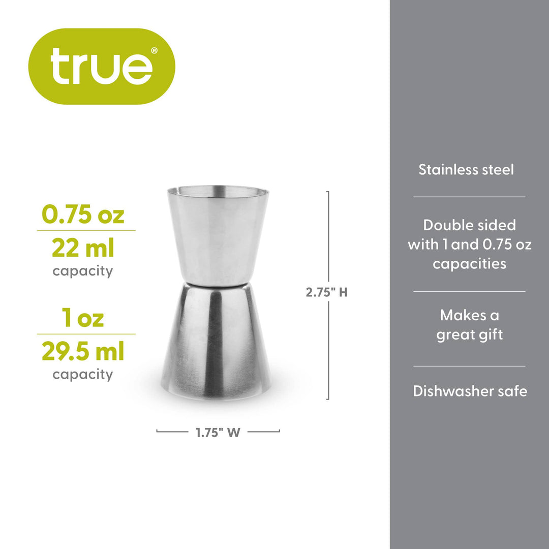 Stainless steel jigger with capacity details and product features on a white background