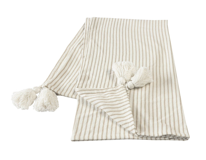 Striped Ivory and Beige Tasseled Throw Blanket: Ivory/Beige