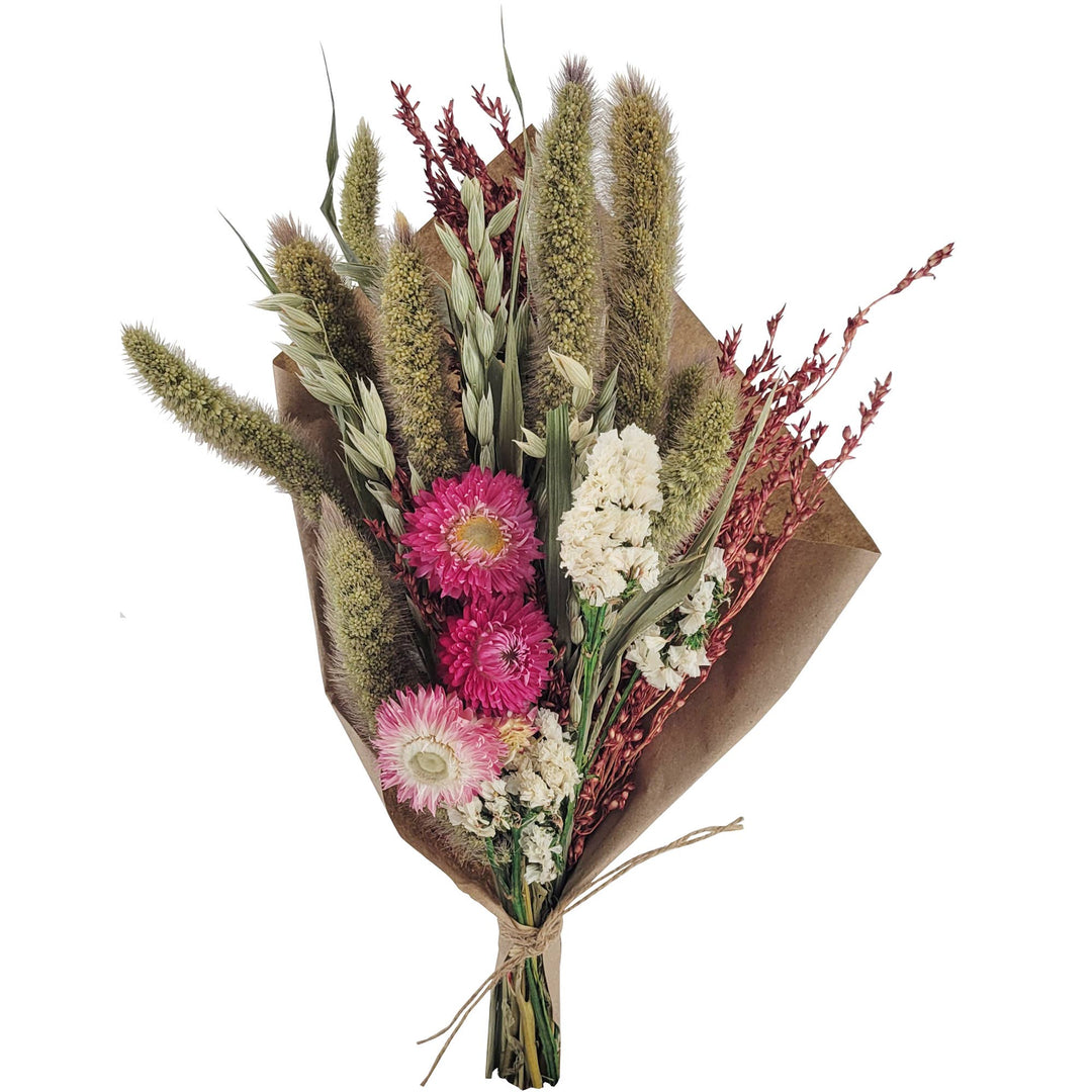 Bouquet of flowers with pink and white colors wrapped in brown paper on a white background.