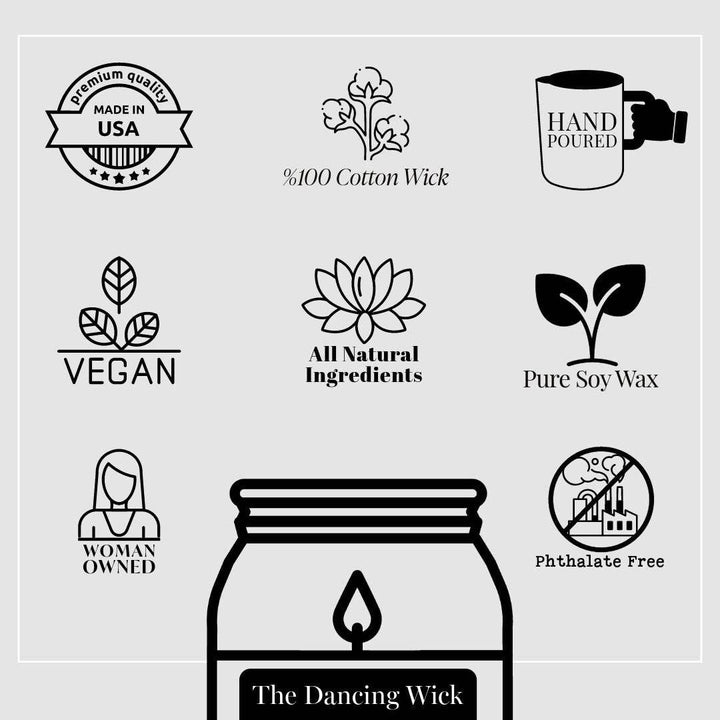 Collection of black and white icons and logos related to candle-making quality and features on a light gray background.