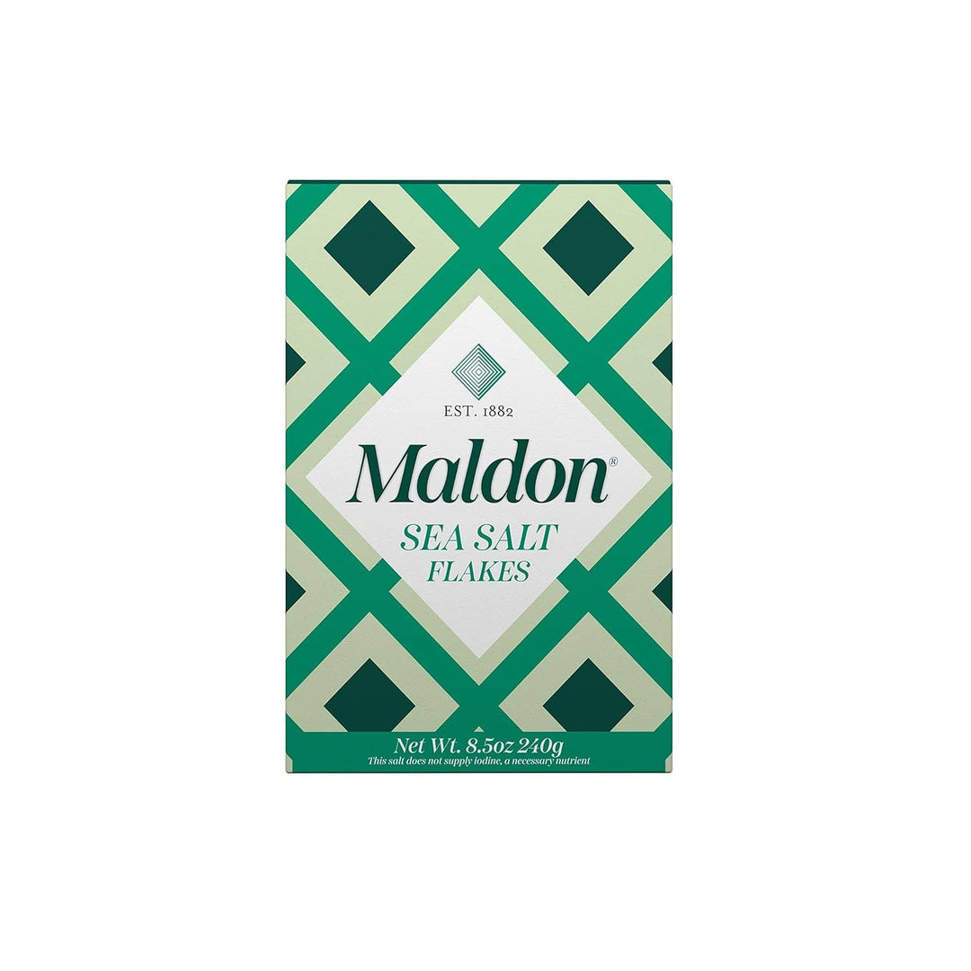 Maldon sea salt flakes packaging with green and white design on a white background