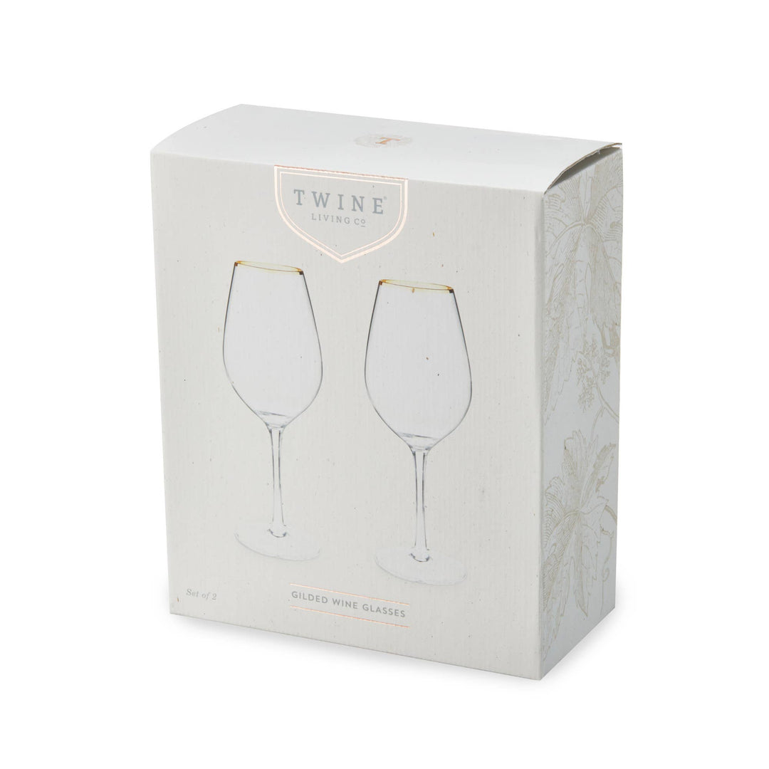 Gilded Gold Rimmed Glass Stemmed Wine Glasses Set of 2