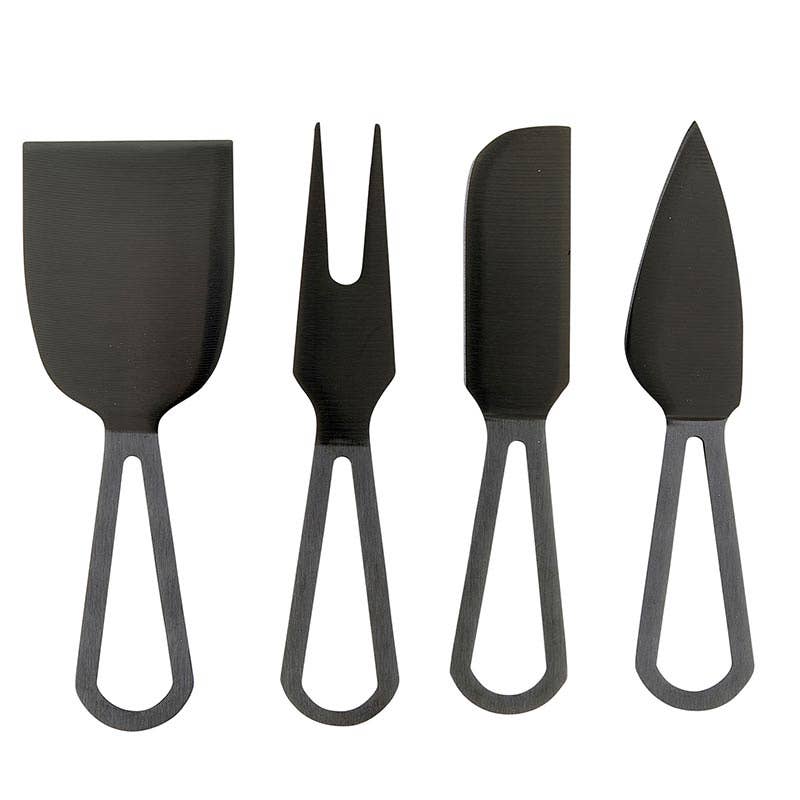 Set of four black cheese tools on a white background