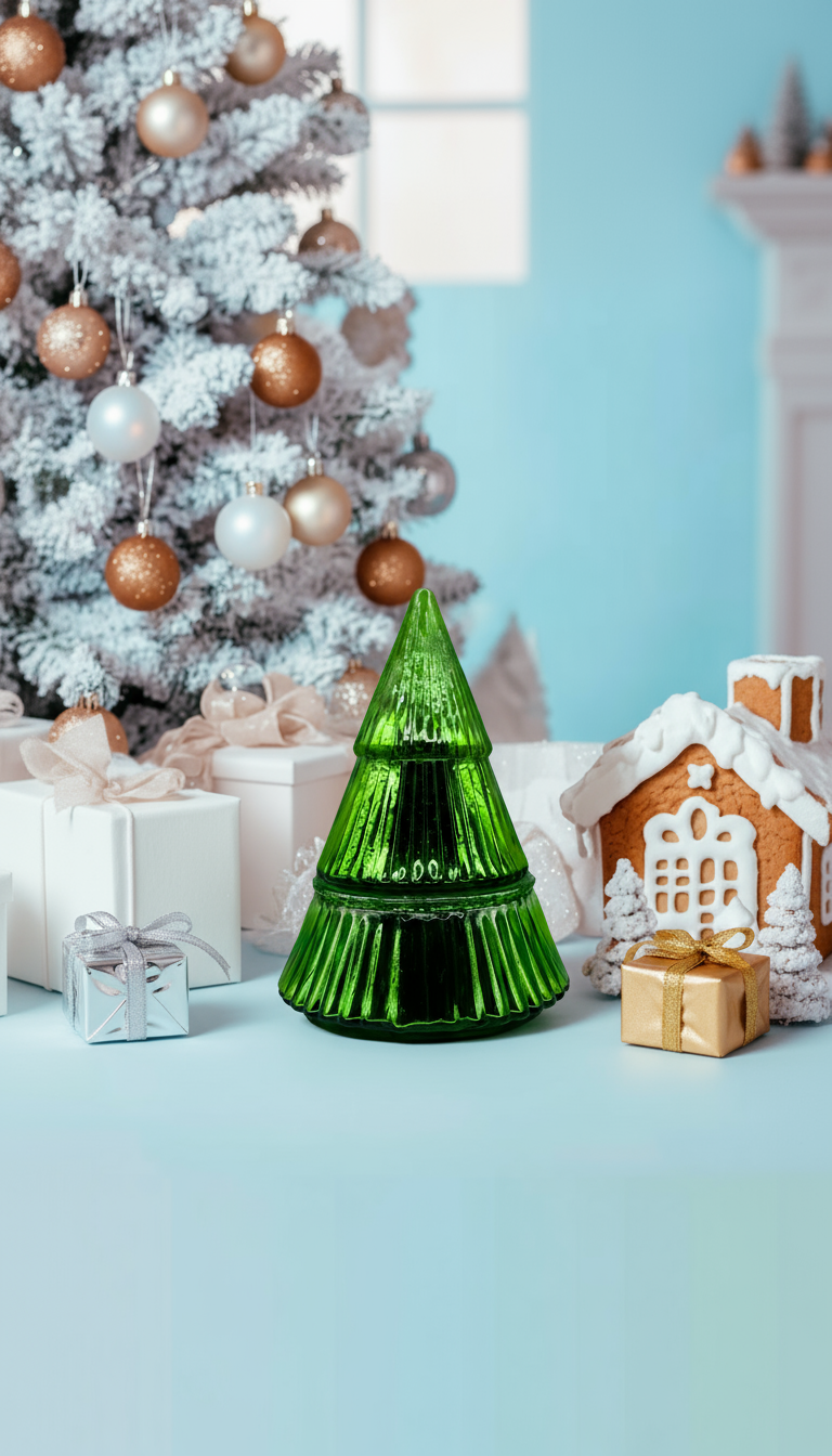 Green glass Christmas tree candle on a light blue surface with a decorated tree and gingerbread house in the background.