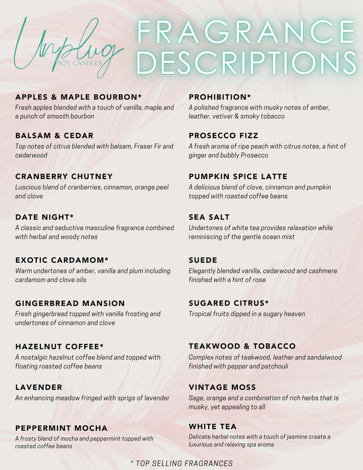 List of fragrance descriptions with a pink gradient background