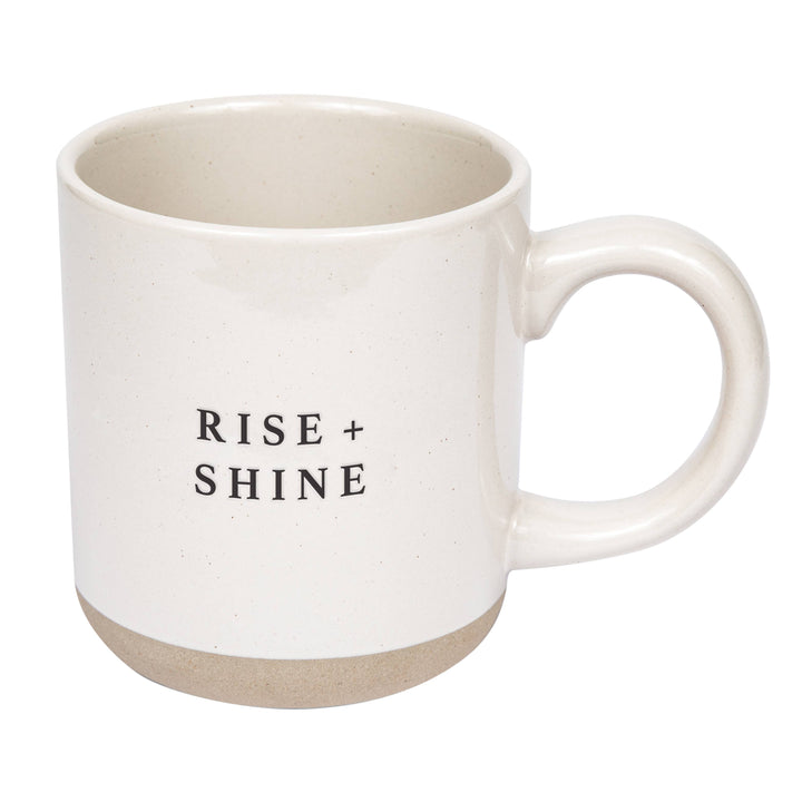 A white stoneware coffee mug with &