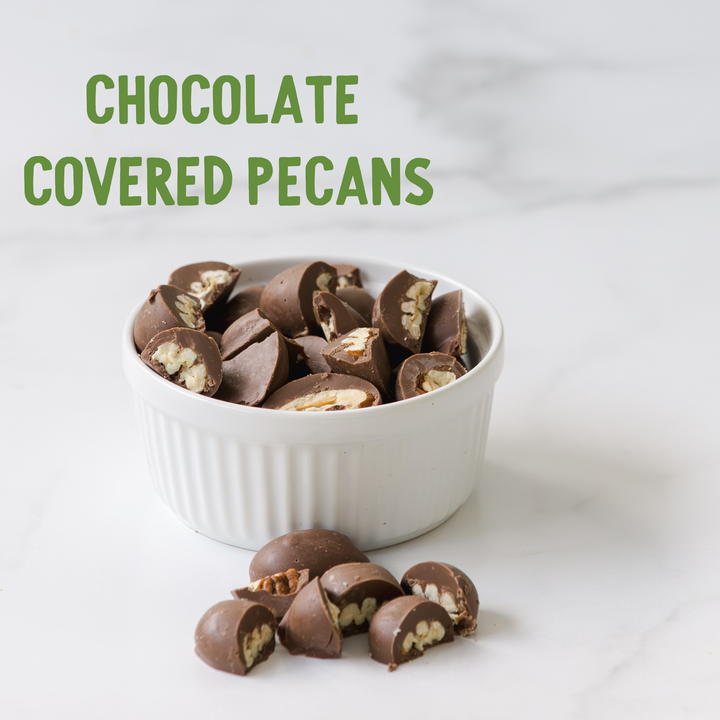 Bowl of chocolate-covered pecans with text &