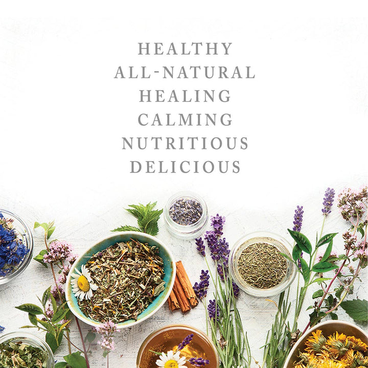 Herbal ingredients and flowers with text on a white background