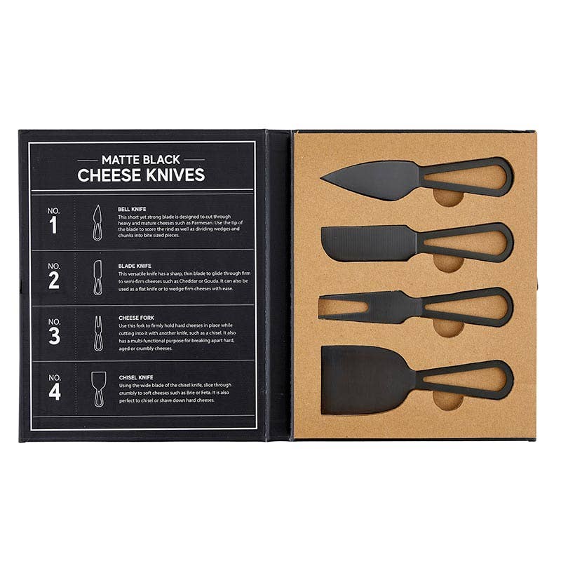 Set of matte black cheese knives in a cardboard box with specifications on a white background
