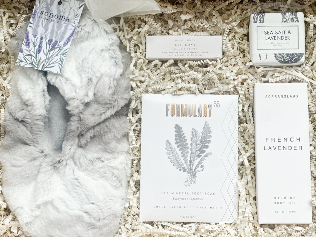 Relax and rejuvenate spa kit 
- At-home spa gift set 
- Lavender footies and body oil gift 
- Peppermint eucalyptus foot soak 
- Sparkling bath tablets with sea salt 
- Self-care spa kit for women 
- Luxury spa gift box 
- Relaxation gift set with lavender