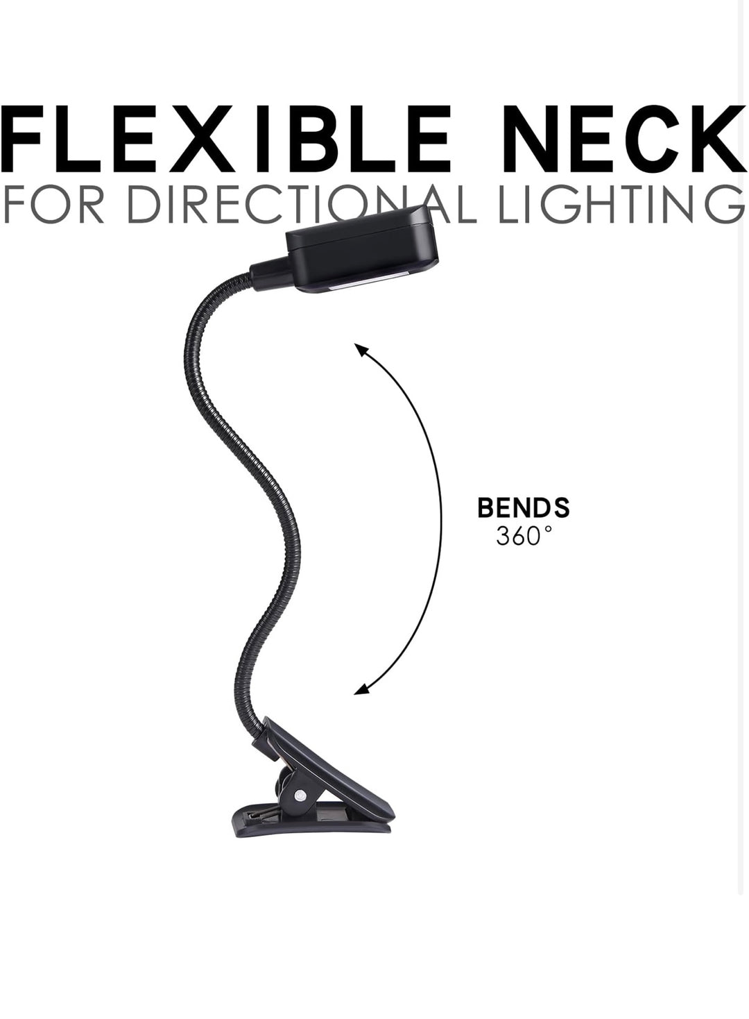 Black flexible neck light with text indicating it bends 360 degrees on a white background