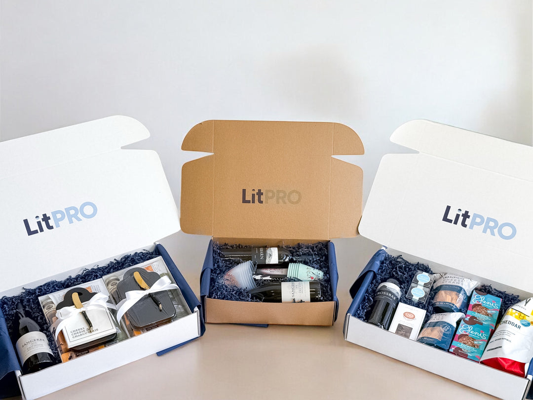 LitPRO gift packaging with various items inside on a white background