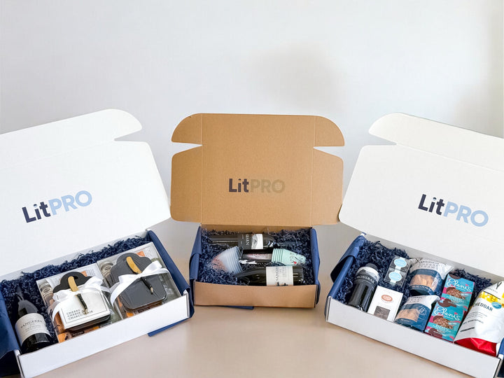 LitPRO gift packaging with various items inside on a white background