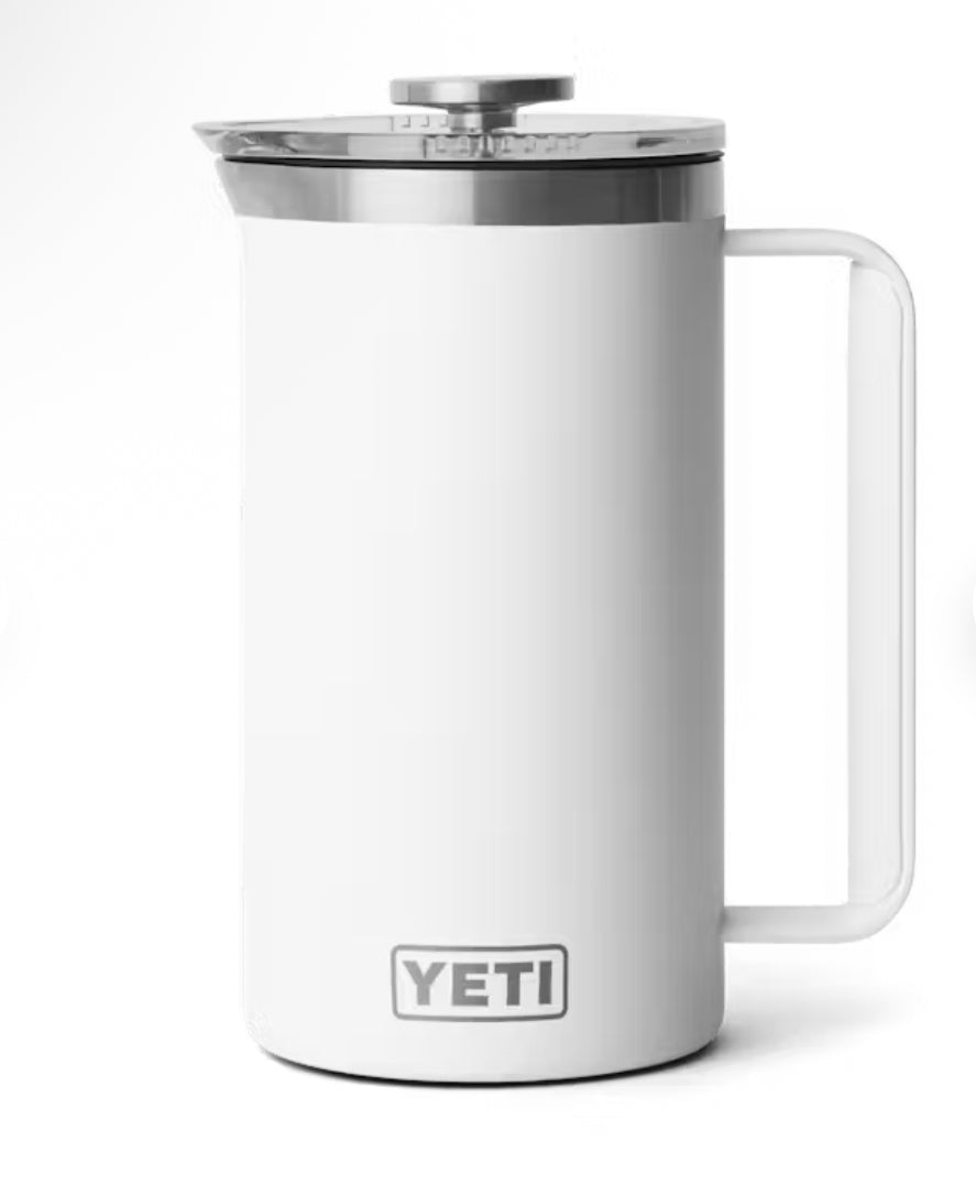 White YETI French press with handle on a white background