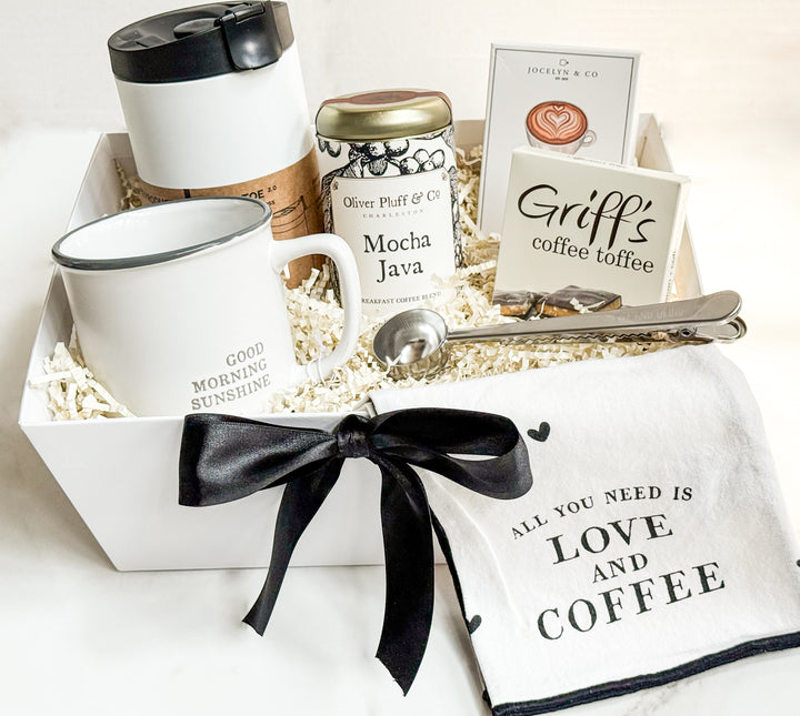 coffee gift basket, curated coffee gifts, french press gift basket, mocha java coffee basket, coffee and chocolate gift, gourmet coffee lover gift, caffeine-themed gift basket, coffee care package, housewarming gift under $75, cozy breakfast gift basket