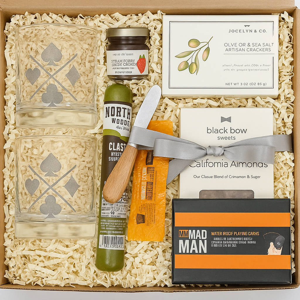 Gift box with various items including rock glasses, a cheese knife, playing cards and different snacks.