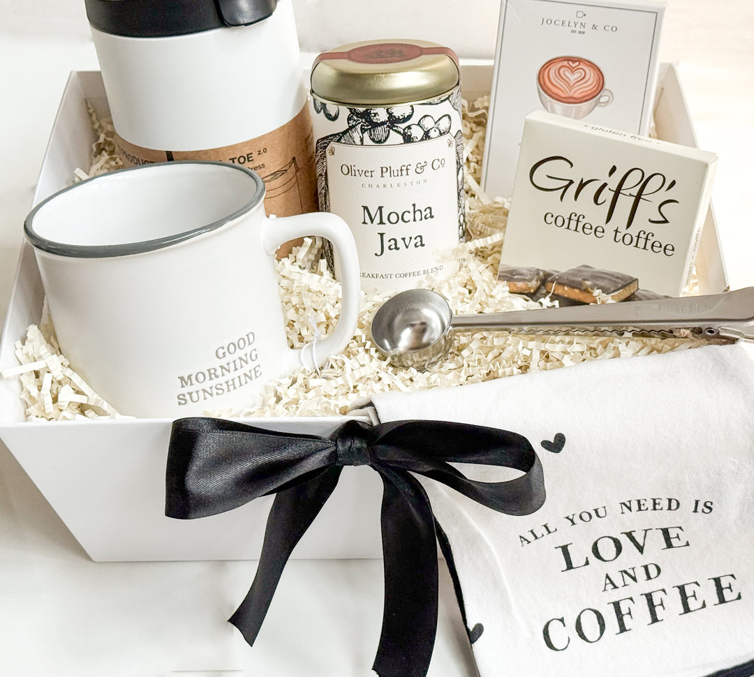 coffee gift basket, curated coffee gifts, french press gift basket, mocha java coffee basket, coffee and chocolate gift, gourmet coffee lover gift, caffeine-themed gift basket, coffee care package, housewarming gift under $75, cozy breakfast gift basket