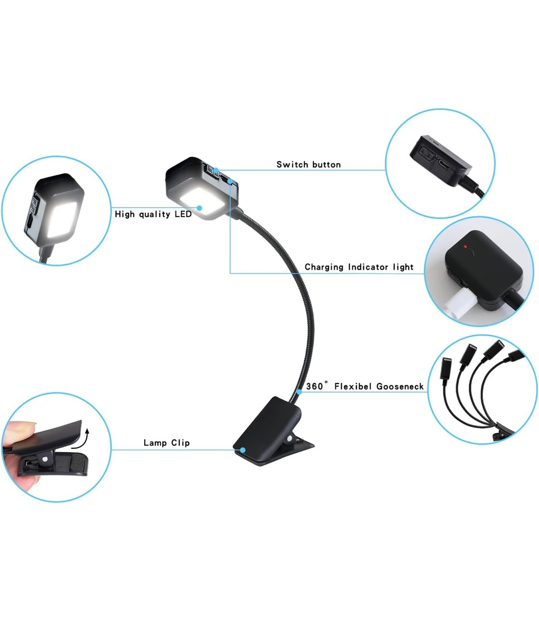 LED reading lamp with features highlighted on a white background