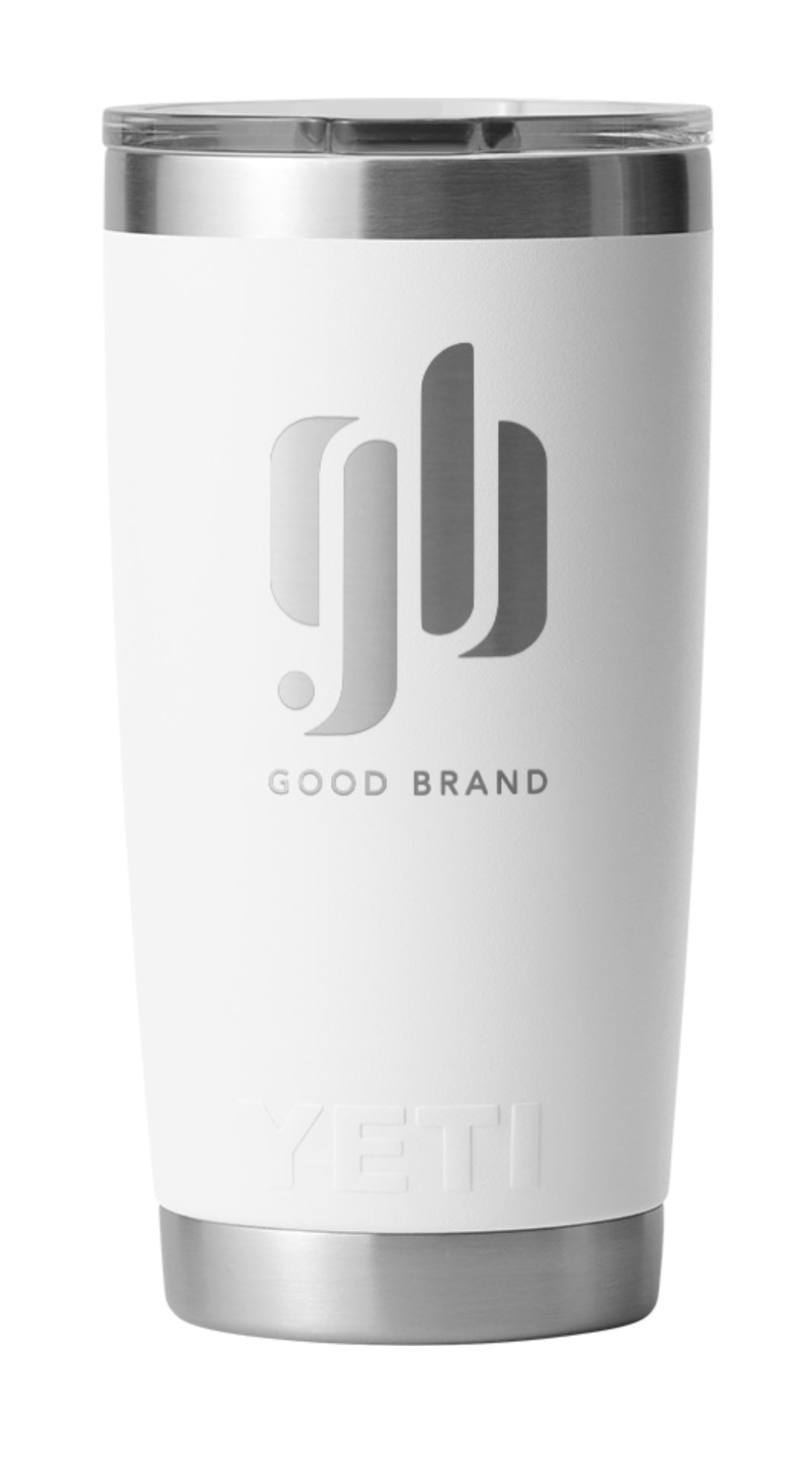 White insulated tumbler with silver "Good Brand" logo and branding on a white background