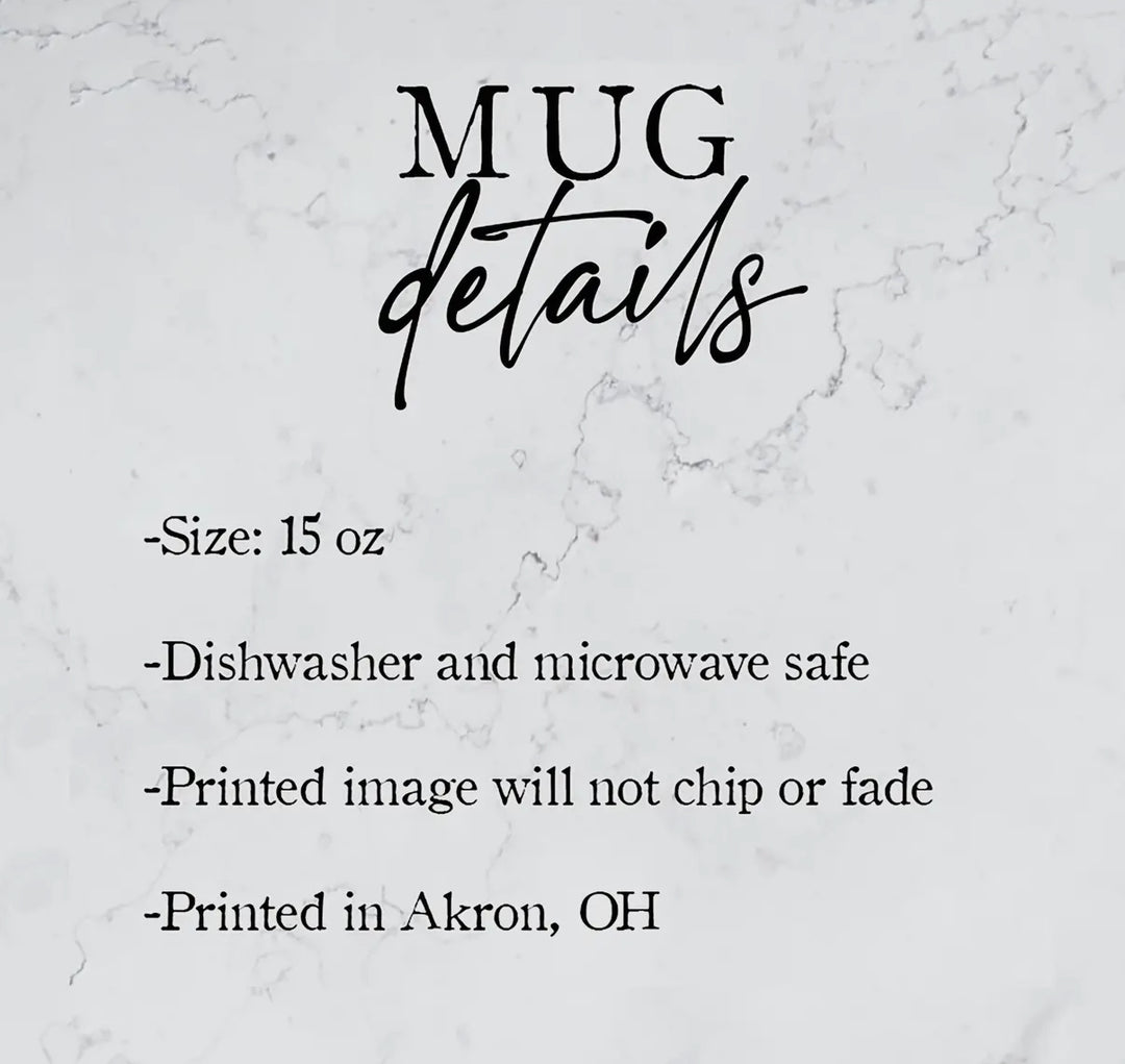 Text detailing mug specifications on a marble background