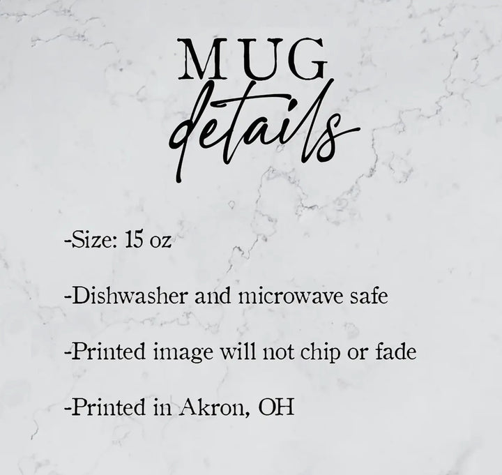 Text detailing mug specifications on a marble background
