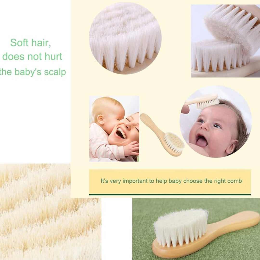Baby grooming product with brush and baby images on a light yellow background