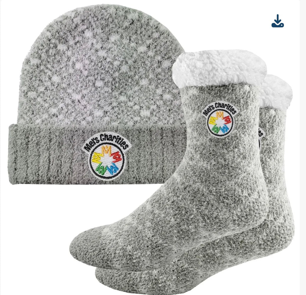 Rolled Fuzzy Beanie &amp; Sherpa Lined Socks Combo